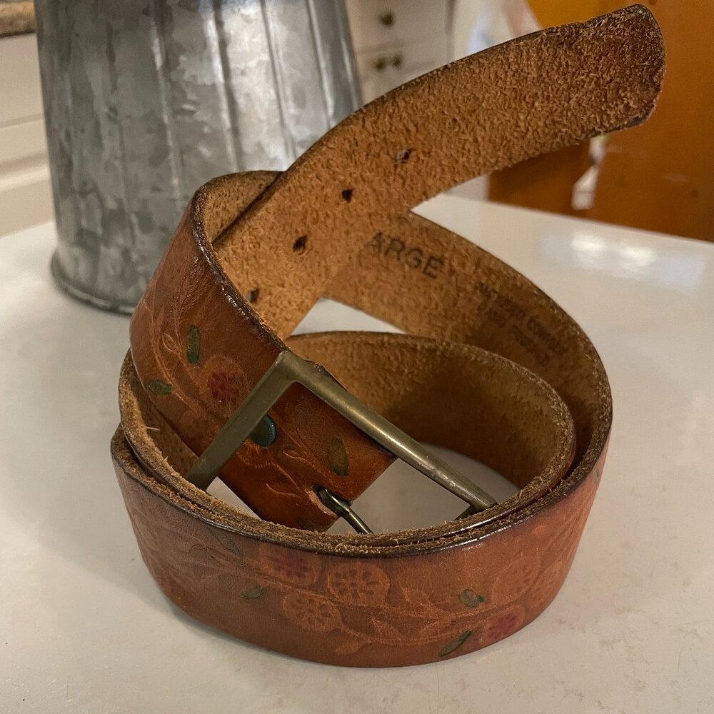 Brown Tooled Leather Belt Antiqued Cowhide Hand Finished Large